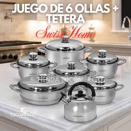 Juego de 6 ollas + tetera SWISSHOME en Acero Inoxidable Grado Quirurgico